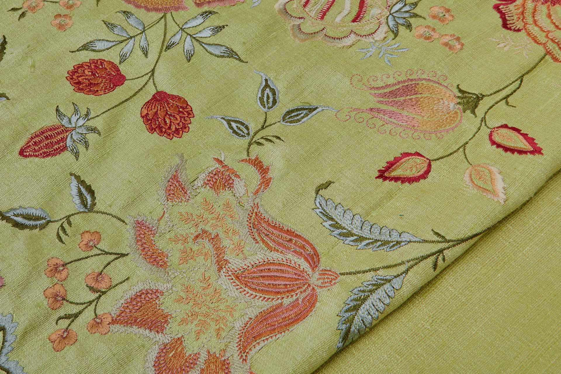 Lime Textured Raw Silk with Floral Embroidery fabric