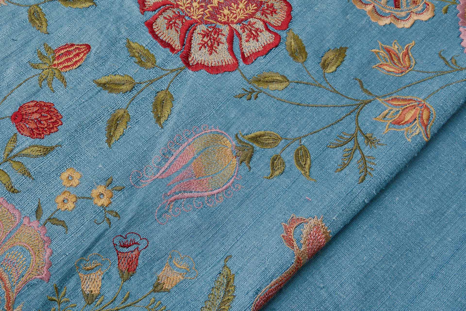 Dusty Blue Textured Raw Silk with Floral Embroidery fabric, image 2 of 8