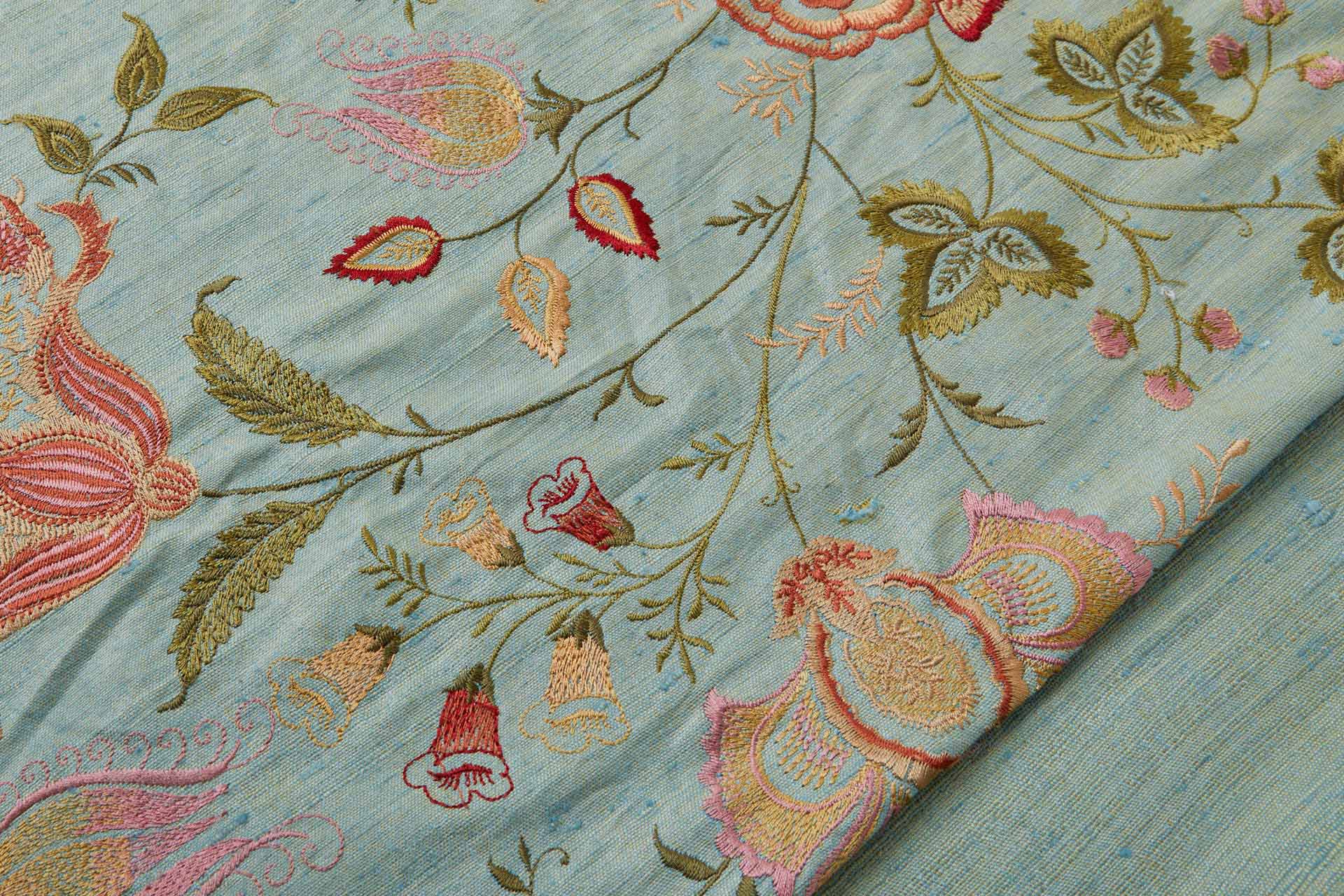 Sage Green Textured Raw Silk with Floral Embroidery fabric, image 2 of 10