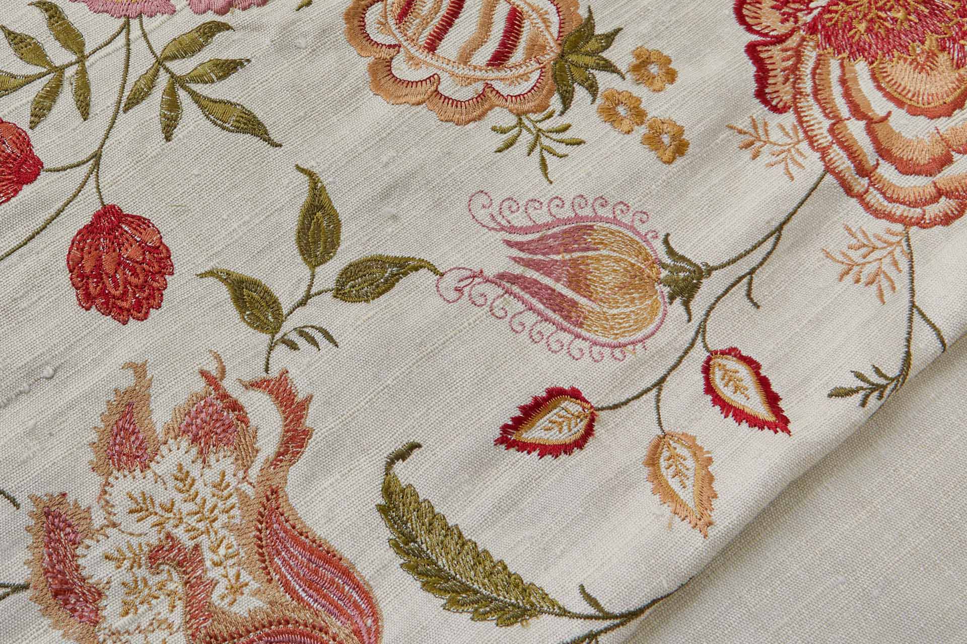 Cream Textured Raw Silk with Floral Embroidery fabric, image 2 of 12