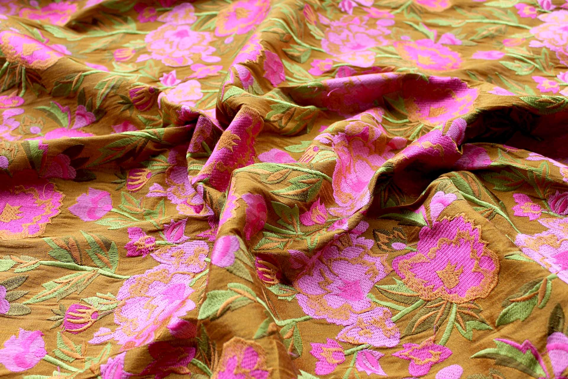 Ethnic Style Floral Embroidered Dupion - Amber/Pink fabric, image 2 of 6