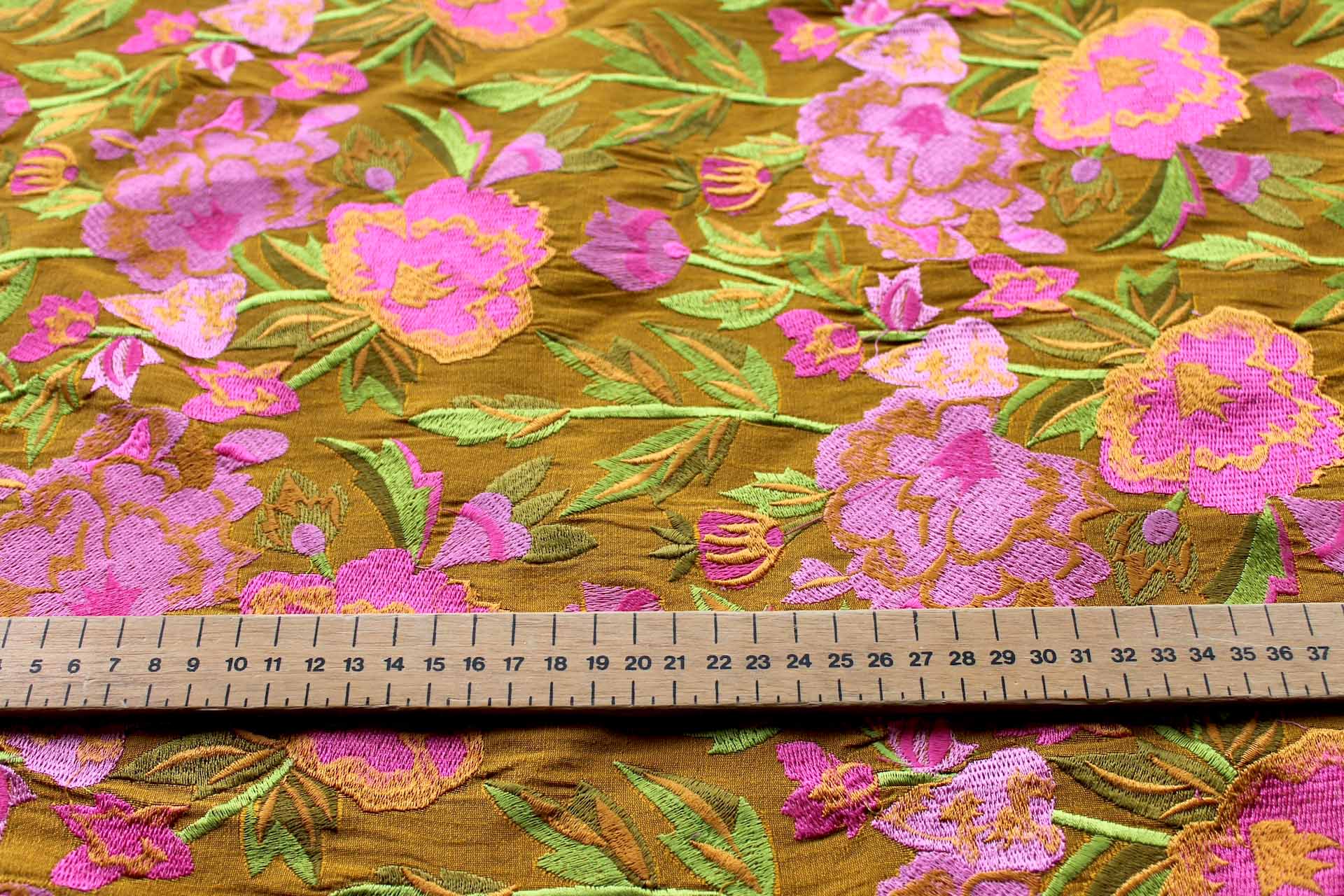 Ethnic Style Floral Embroidered Dupion - Amber/Pink fabric, image 3 of 6