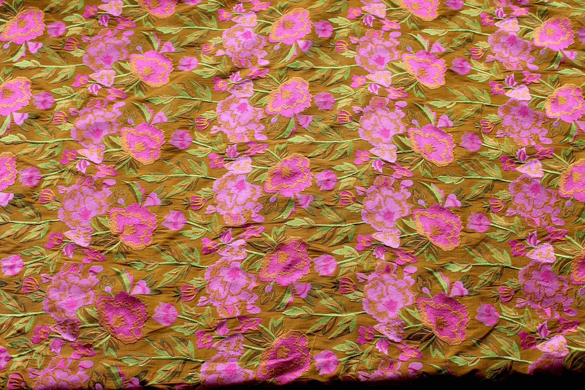 Ethnic Style Floral Embroidered Dupion - Amber/Pink fabric, image 4 of 6