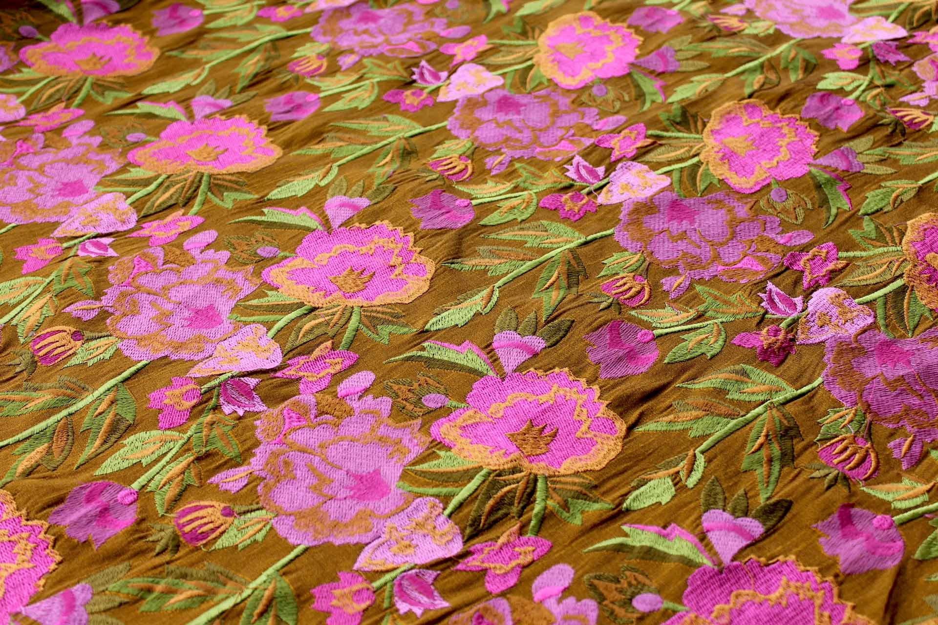 Ethnic Style Floral Embroidered Dupion - Amber/Pink fabric, image 5 of 6