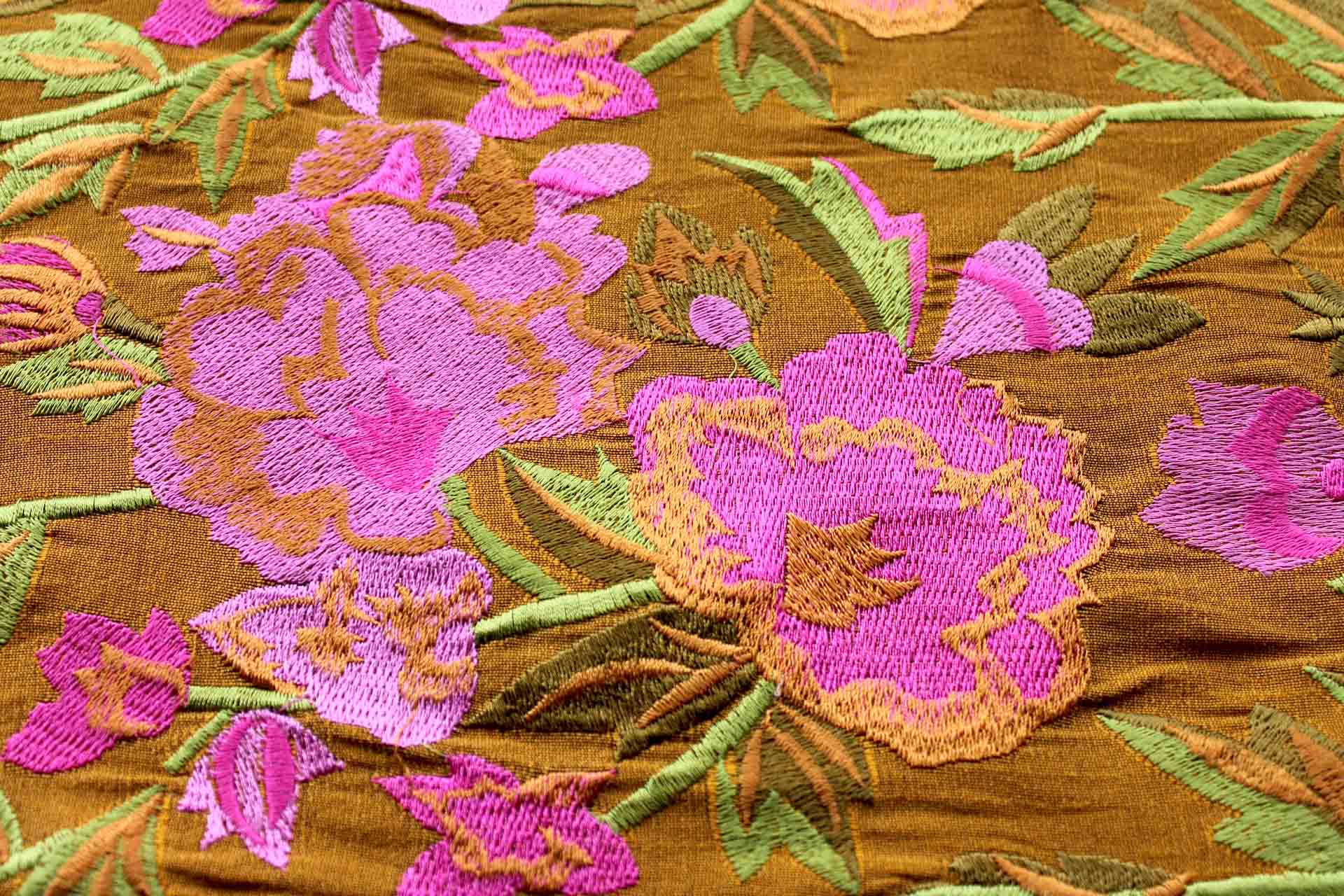 Ethnic Style Floral Embroidered Dupion - Amber/Pink fabric, image 6 of 6