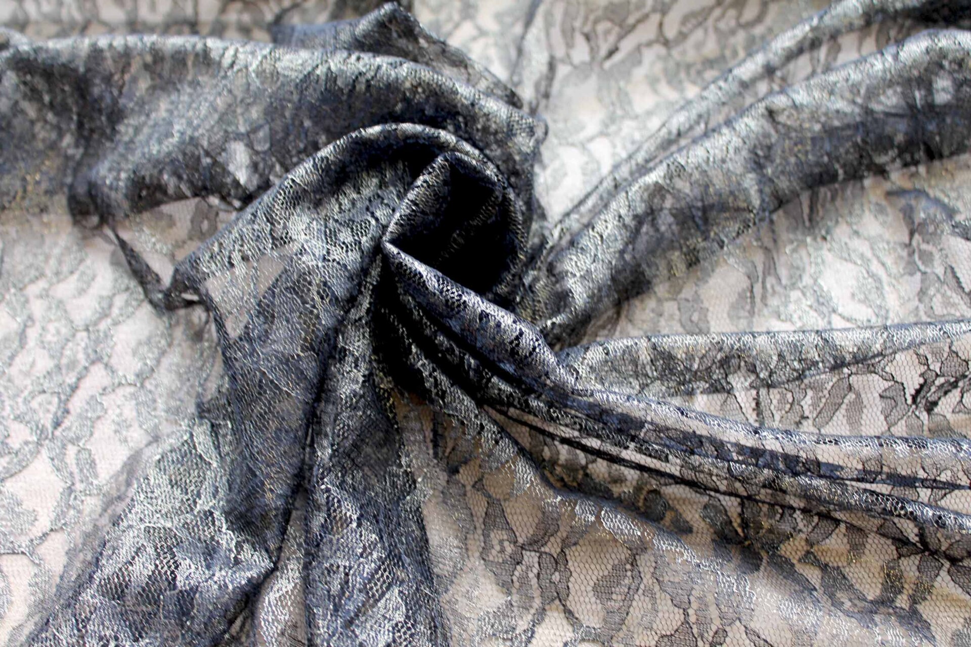 Foil Printed Lace - Black Silver fabric, image 4 of 5