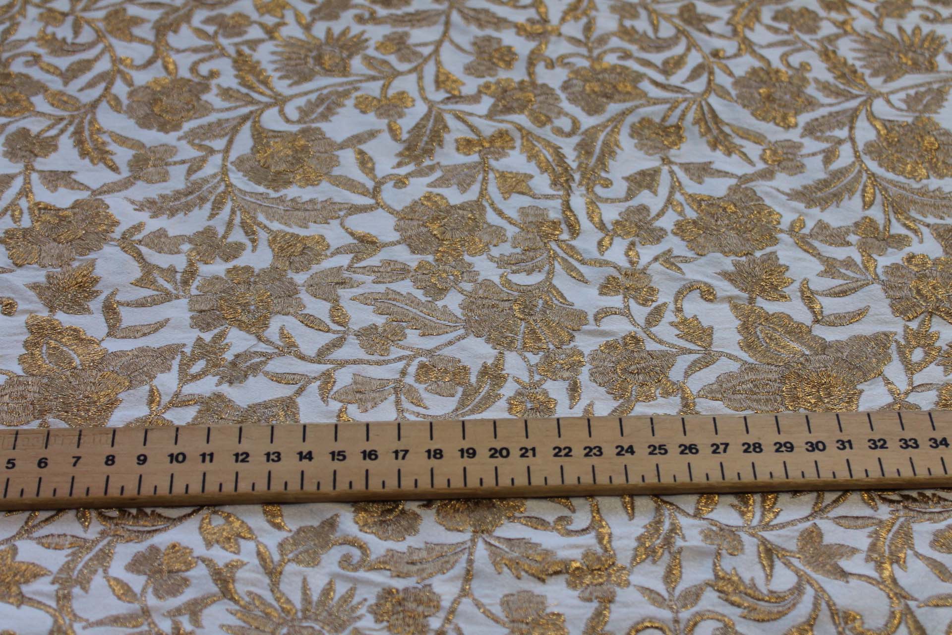 Gold Metallic Floral Embroidery on Off White Dupion fabric, image 2 of 5