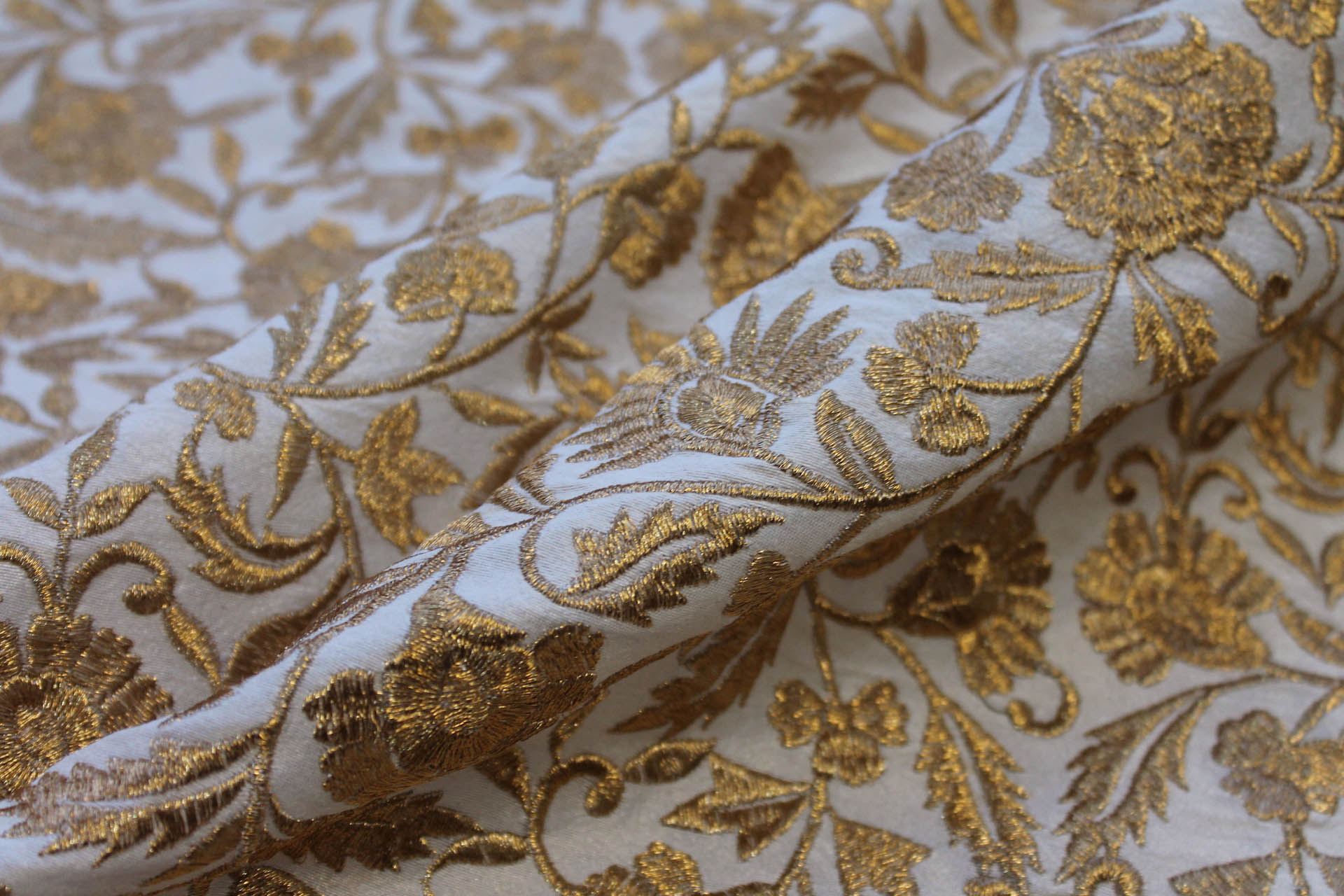 Gold Metallic Floral Embroidery on Off White Dupion fabric, image 3 of 5