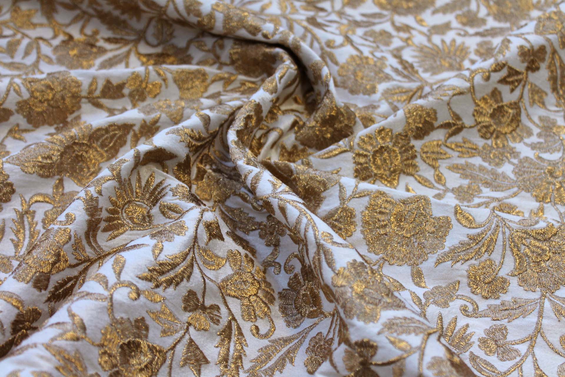 Gold Metallic Floral Embroidery on Off White Dupion fabric, image 4 of 5