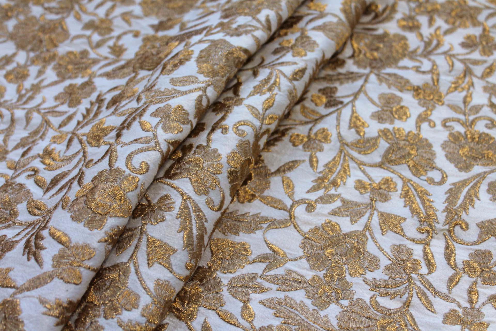 Gold Metallic Floral Embroidery on Off White Dupion fabric