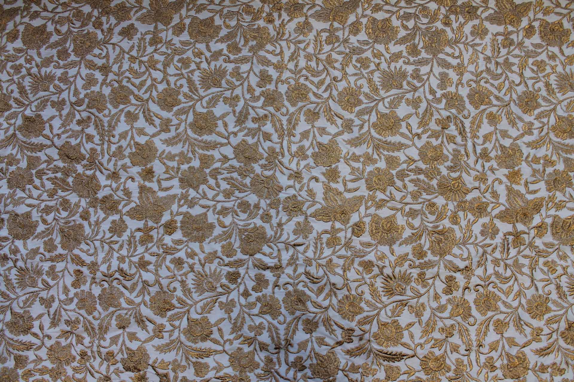 Gold Metallic Floral Embroidery on Off White Dupion fabric, image 5 of 5