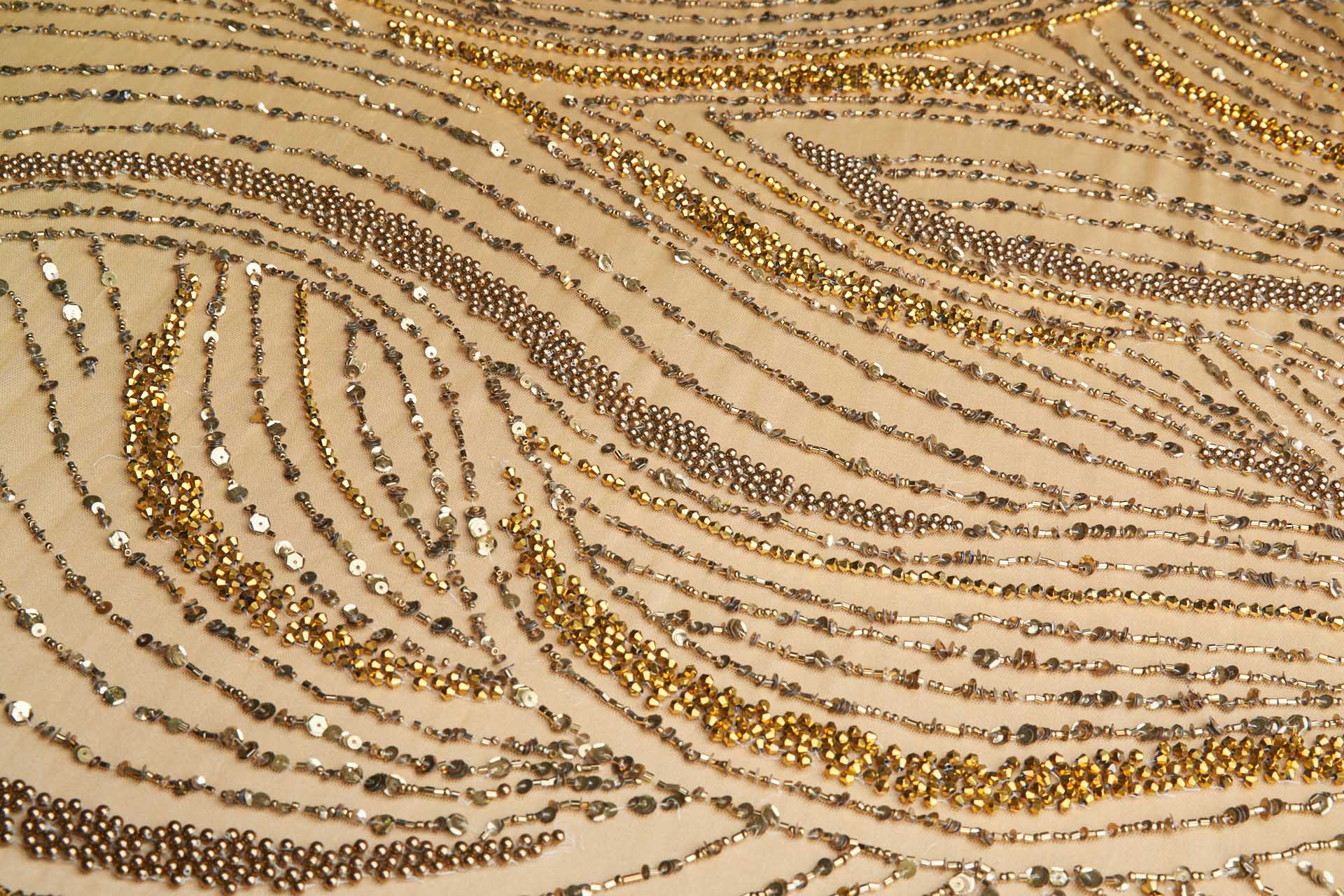 Heavily Beaded Gold on Gold Swirl Beading on Tulle fabric, image 10 of 10