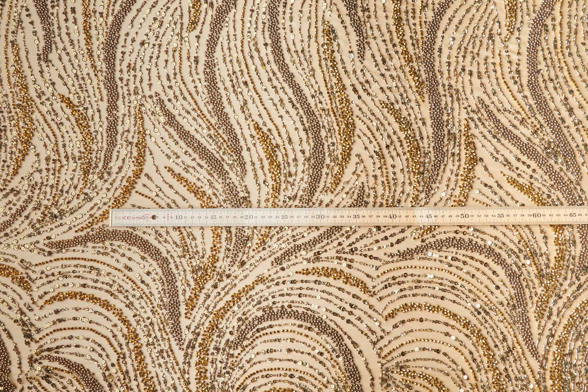 Heavily Beaded Gold on Gold Swirl Beading on Tulle fabric, image 3 of 10