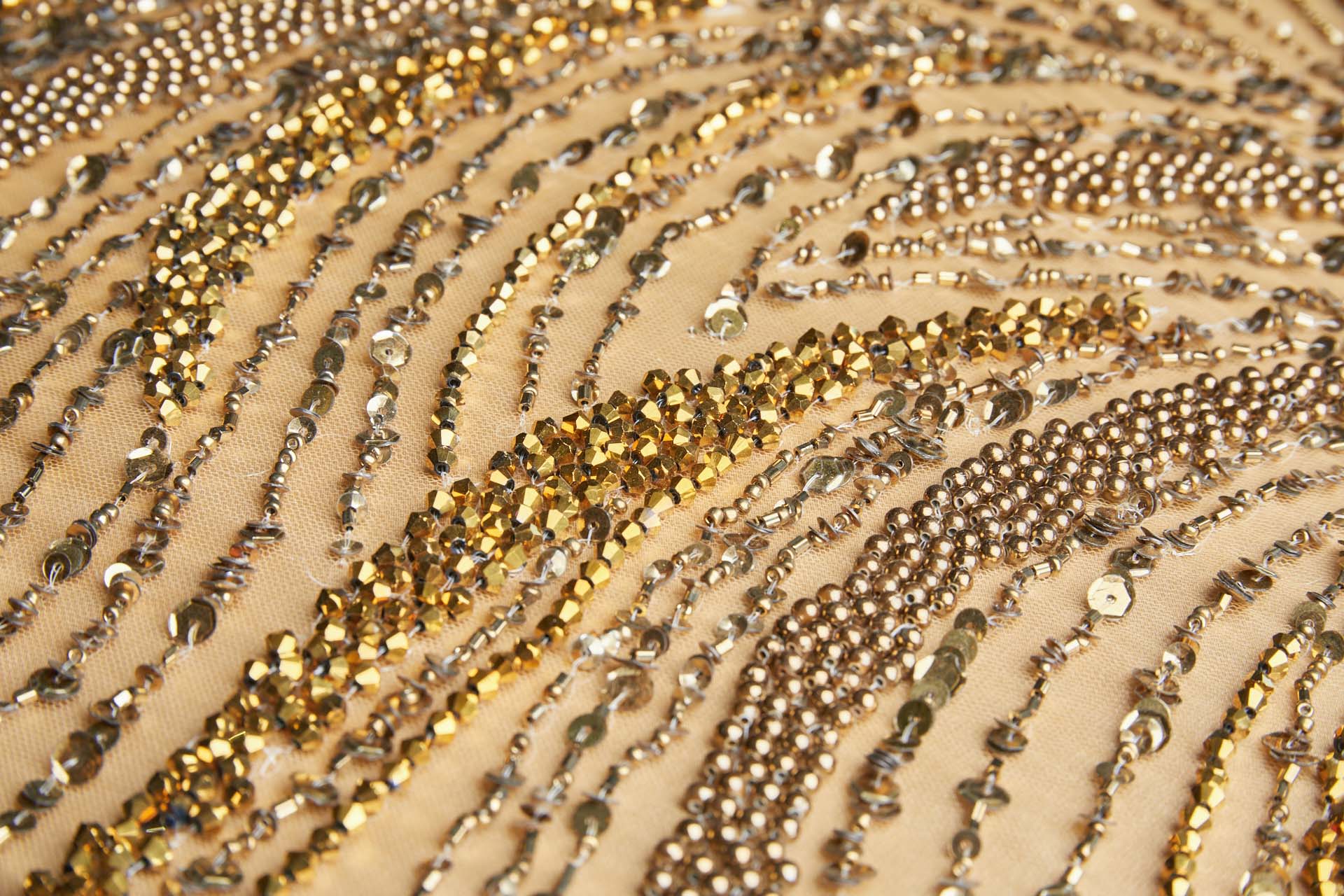 Heavily Beaded Gold on Gold Swirl Beading on Tulle fabric, image 7 of 10