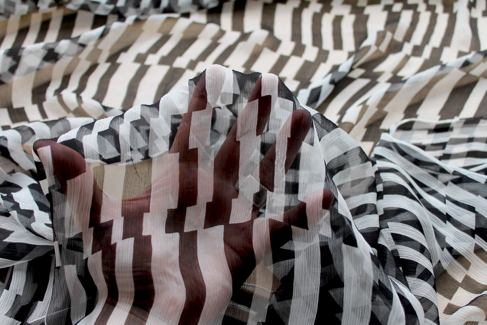 Graphic Black and White Printed Crinkle Silk Chiffon fabric, image 2 of 6