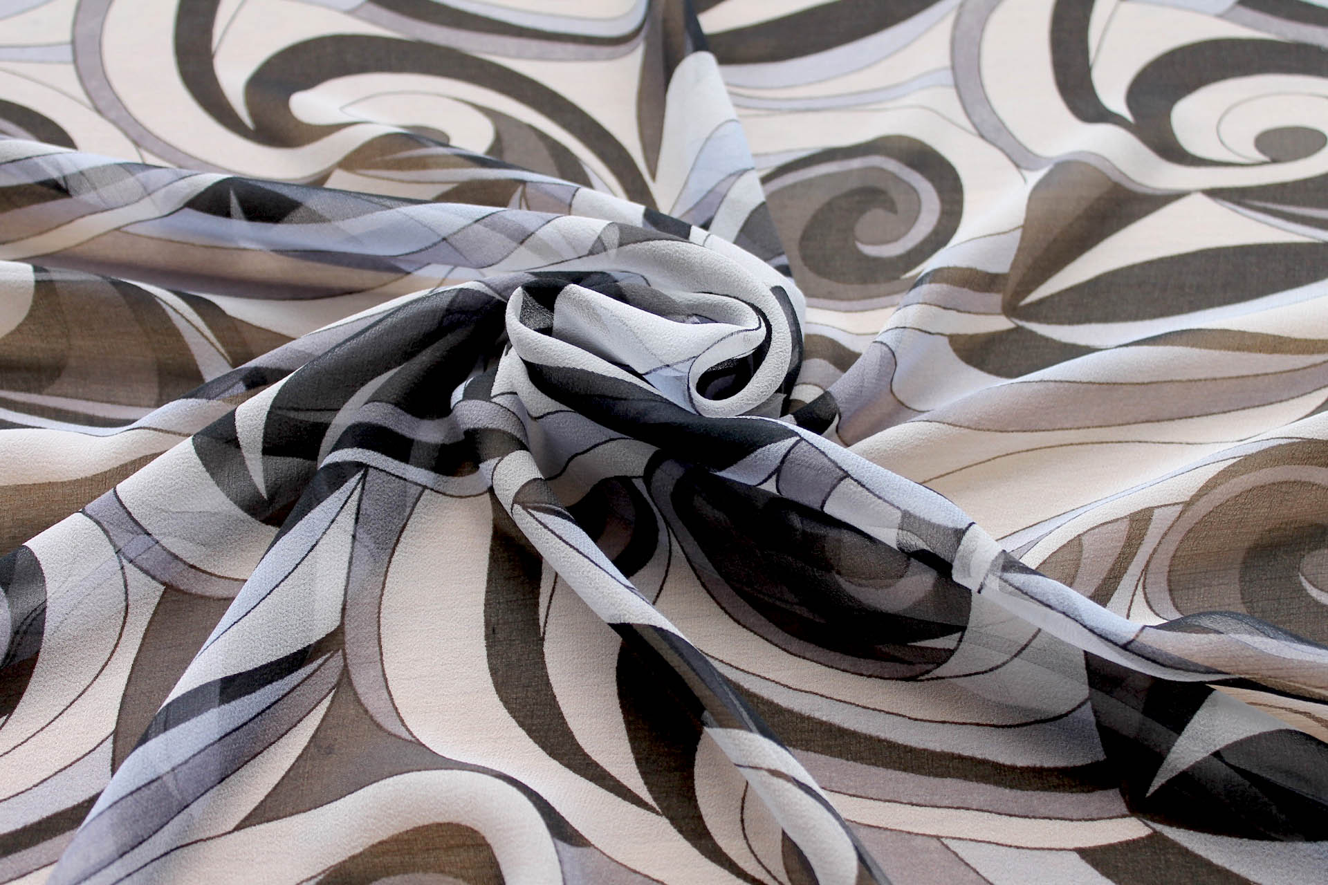 Graphic "Psychedelic" Printed Silk Georgette in Black, Grey and Ivory fabric