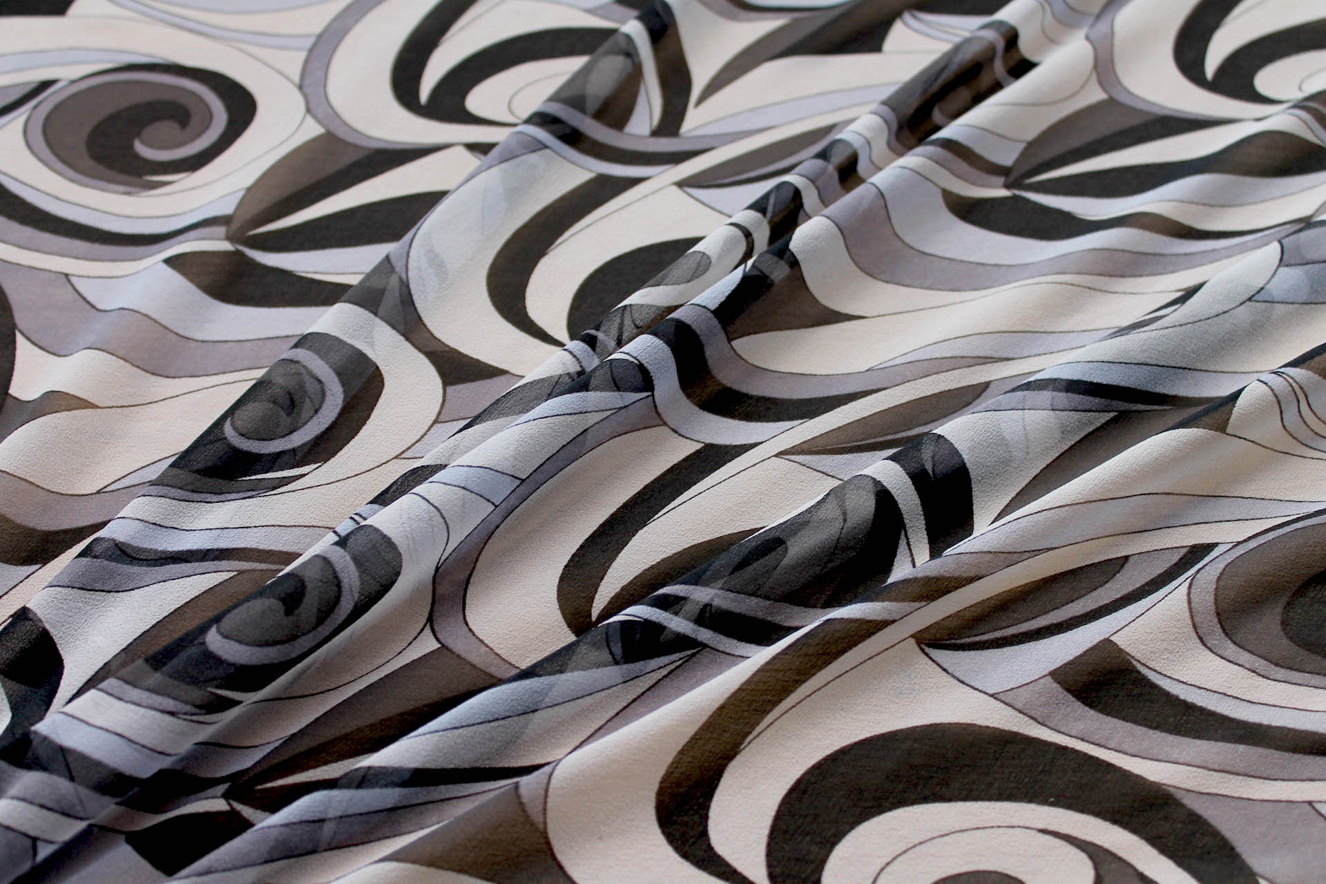 Graphic "Psychedelic" Printed Silk Georgette in Black, Grey and Ivory fabric, image 2 of 5