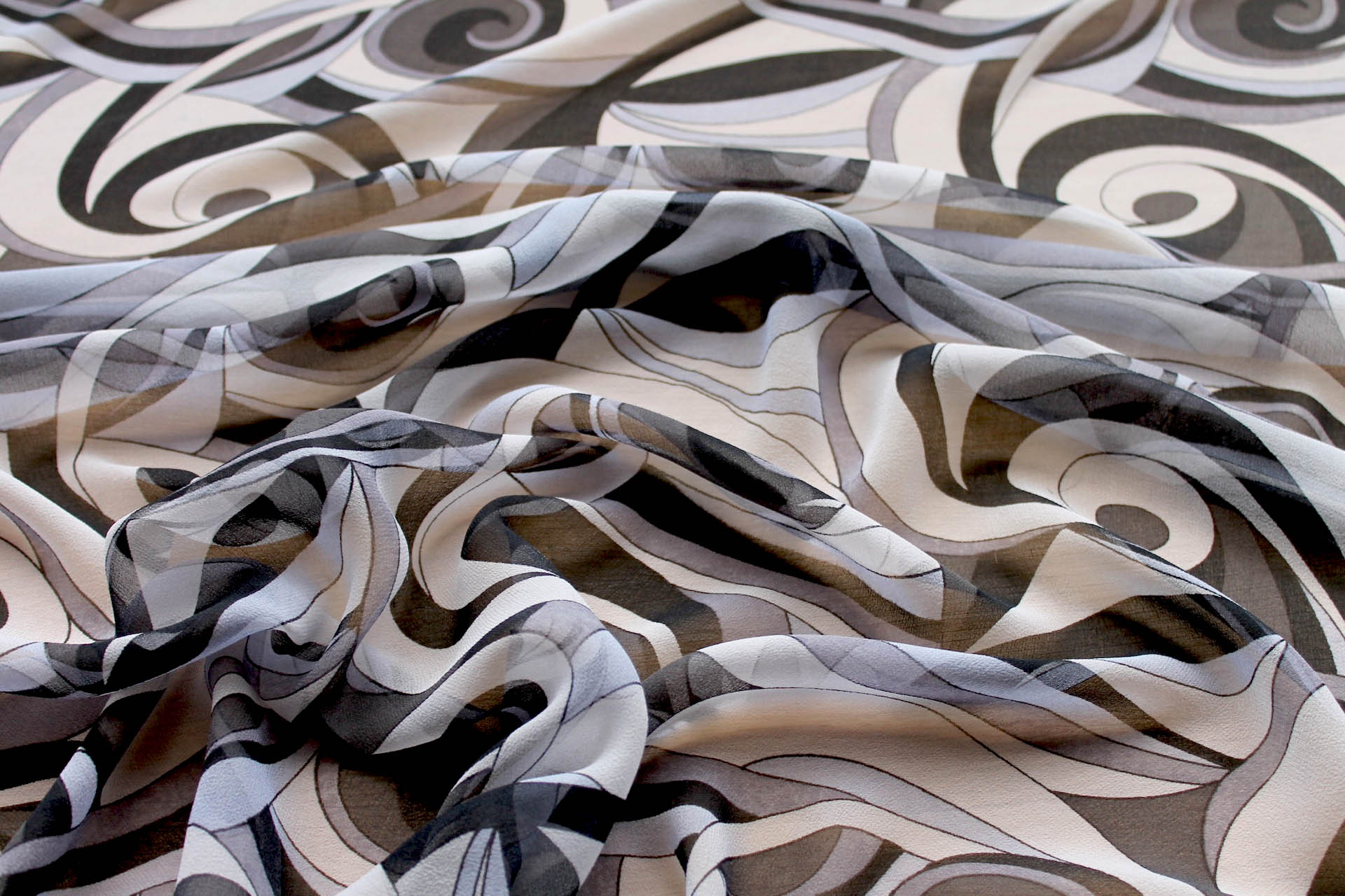 Graphic "Psychedelic" Printed Silk Georgette in Black, Grey and Ivory fabric, image 4 of 5