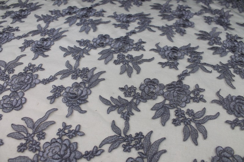 Corded Embroidered Floral Tulle - Mid Grey - Double Scallop fabric, image 4 of 8