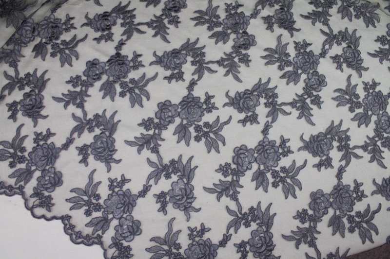 Corded Embroidered Floral Tulle - Mid Grey - Double Scallop fabric, image 3 of 8