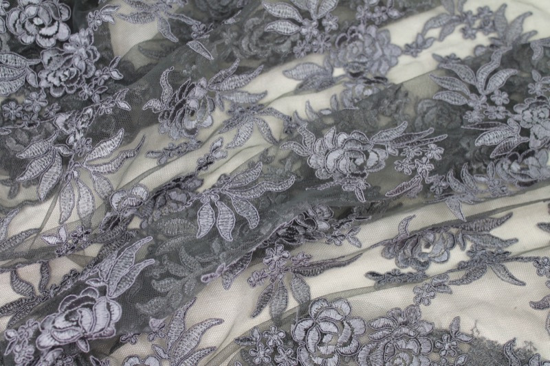 Corded Embroidered Floral Tulle - Mid Grey - Double Scallop fabric, image 7 of 8