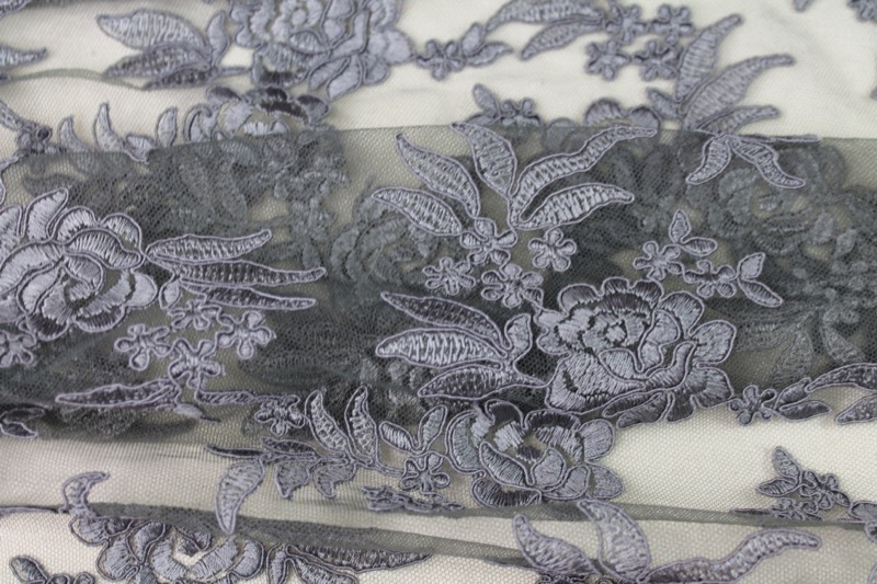 Corded Embroidered Floral Tulle - Mid Grey - Double Scallop fabric, image 6 of 8