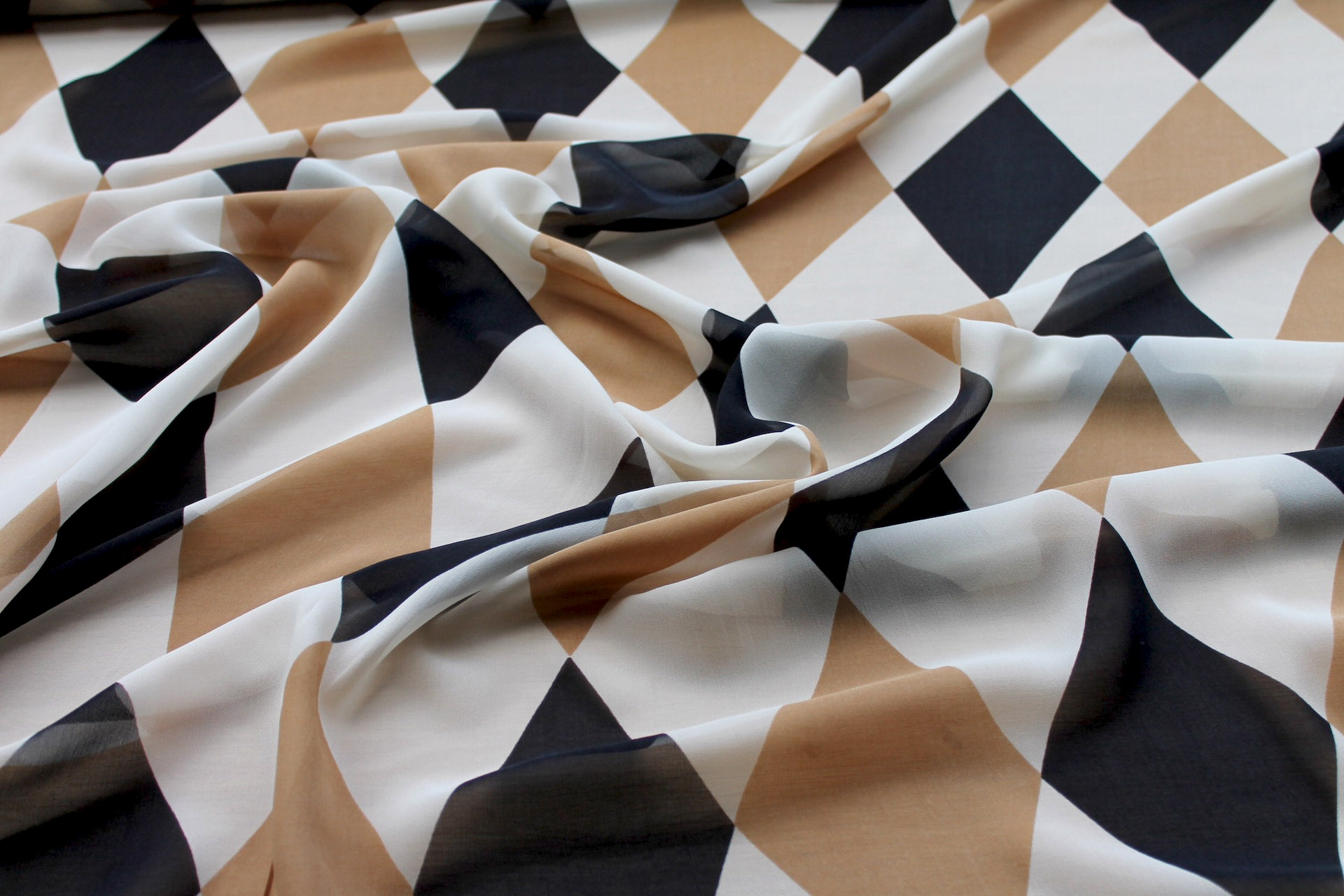 Harlequin Print Silk Chiffon - Cream, Black and Caramel fabric, image 2 of 5
