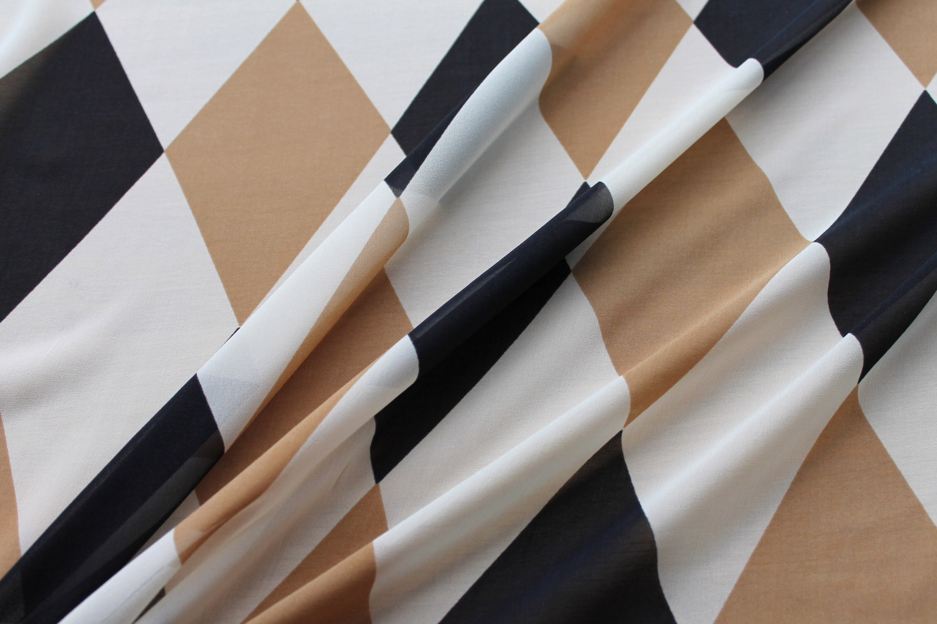 Harlequin Print Silk Chiffon - Cream, Black and Caramel fabric, image 4 of 5
