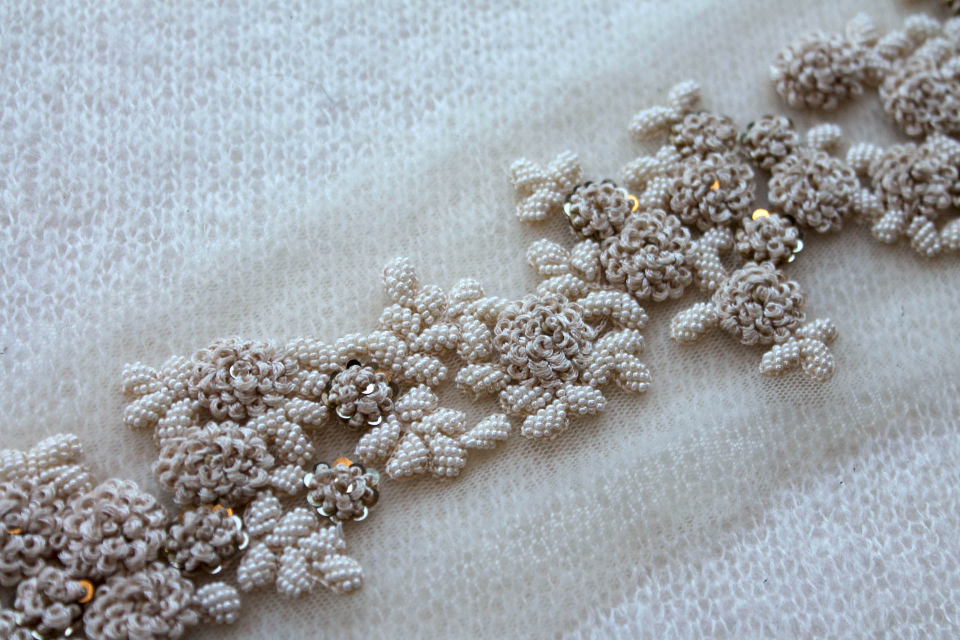 Embroidered Flowers and Micro Seed Beads Trim - Cream/Ecru, image 2 of 2