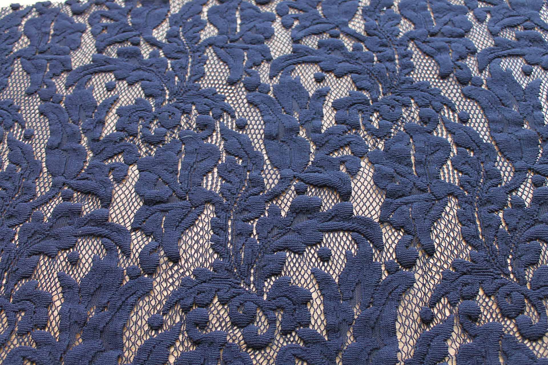 Navy Swirl Lace on Fishnet fabric