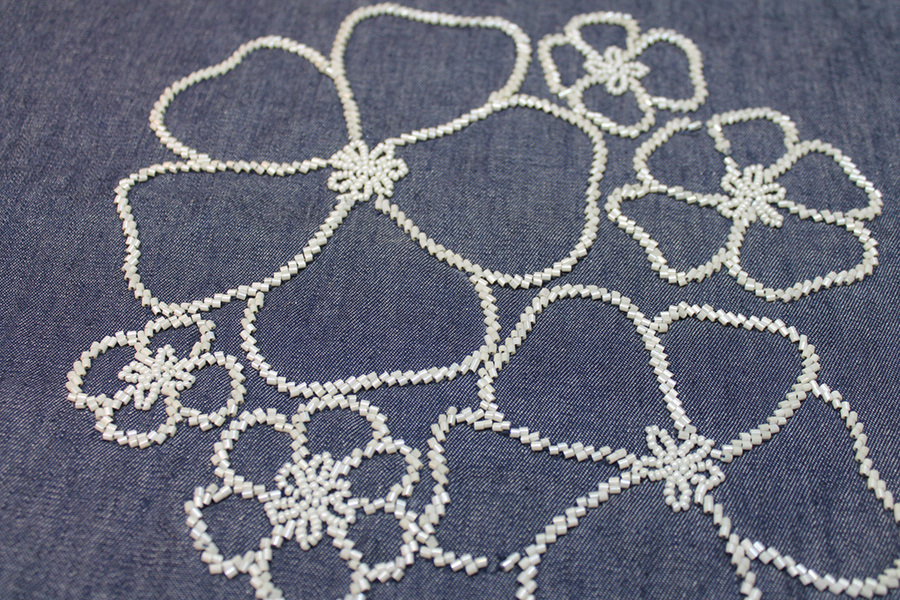 Beaded European Denim - White on Mid Blue fabric, image 3 of 7