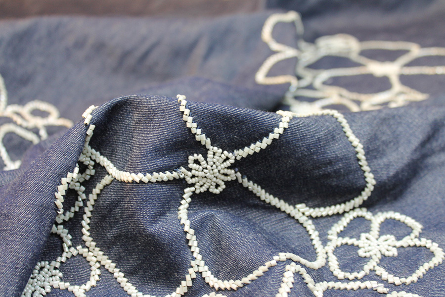 Beaded European Denim - White on Mid Blue fabric, image 4 of 7