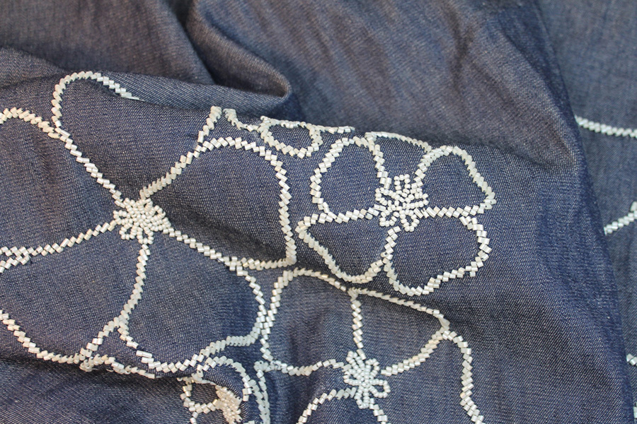 Beaded European Denim - White on Mid Blue fabric