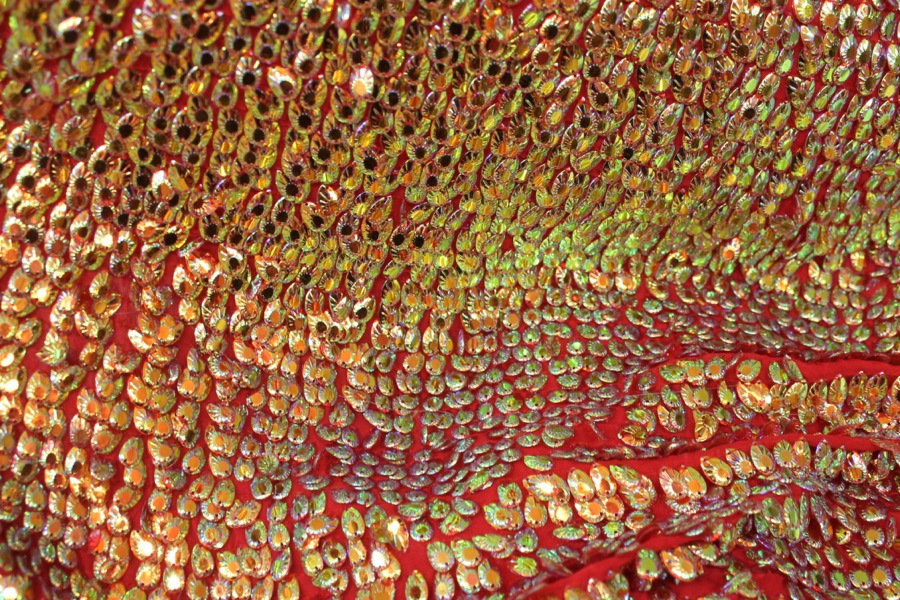 Dragon Scale Sequin in Iridescent Red On Silk Chiffon fabric, image 4 of 7
