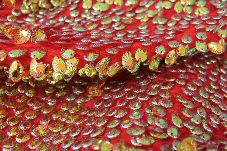 Dragon Scale Sequin in Iridescent Red On Silk Chiffon fabric, image 7 of 7
