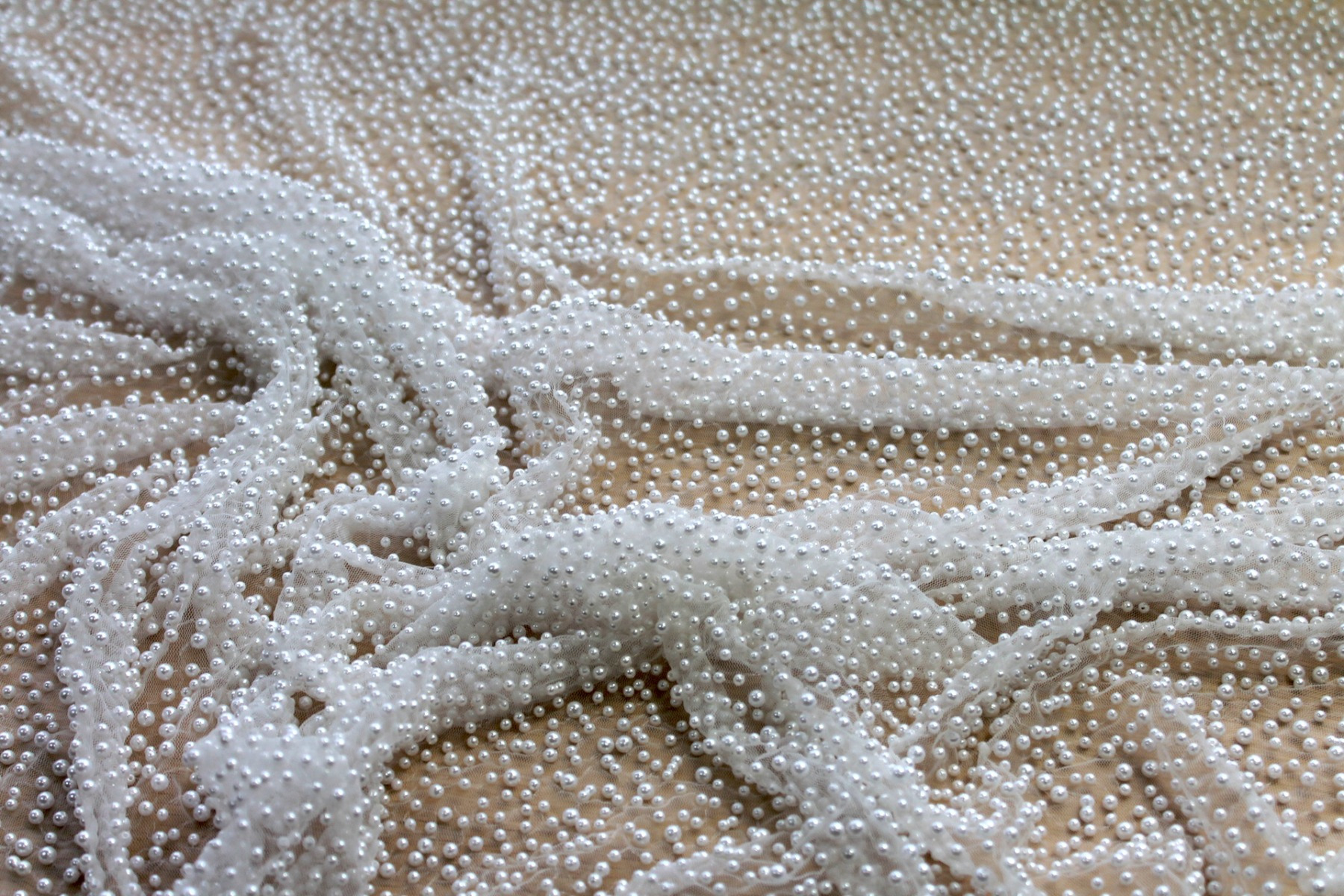 Ivory Pearls on Ivory Nylon Tulle fabric, image 2 of 7