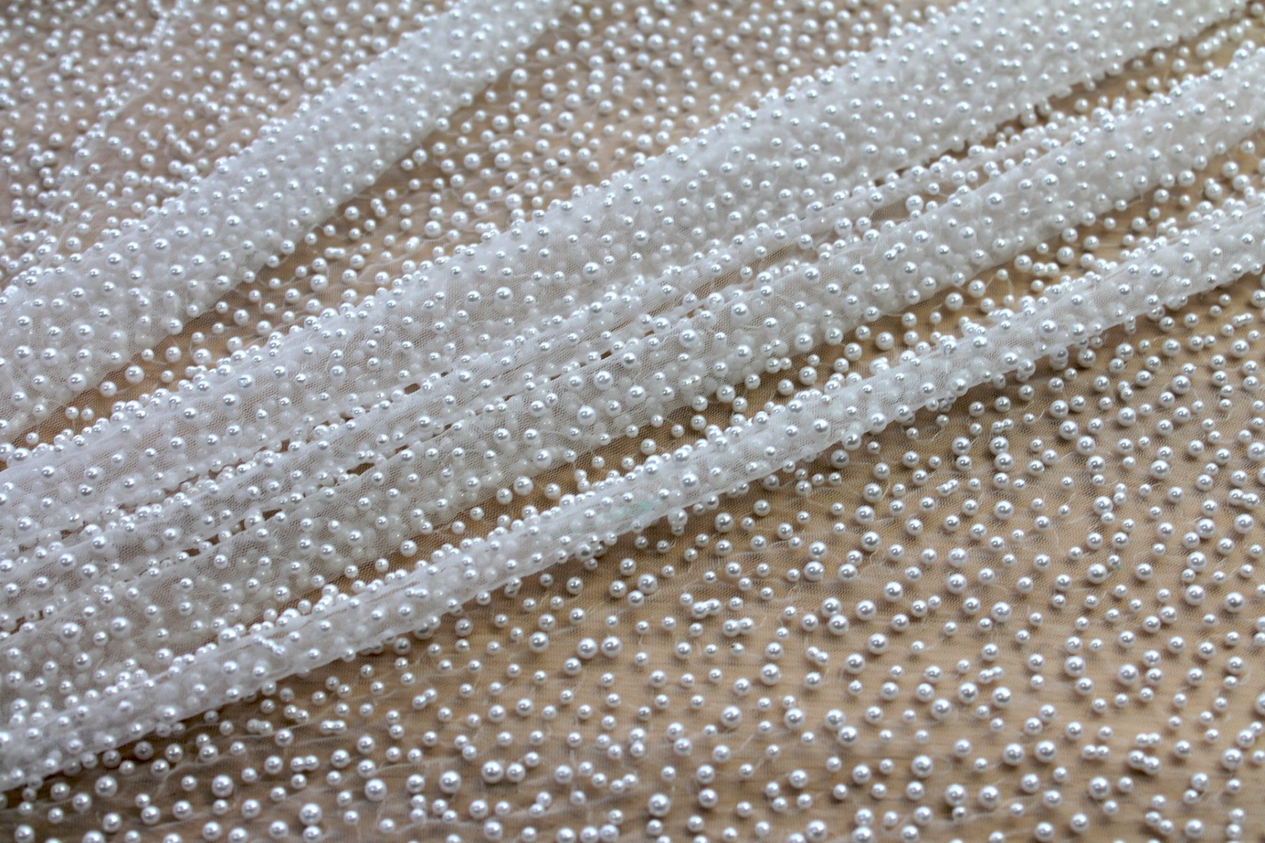 Ivory Pearls on Ivory Nylon Tulle fabric, image 3 of 7