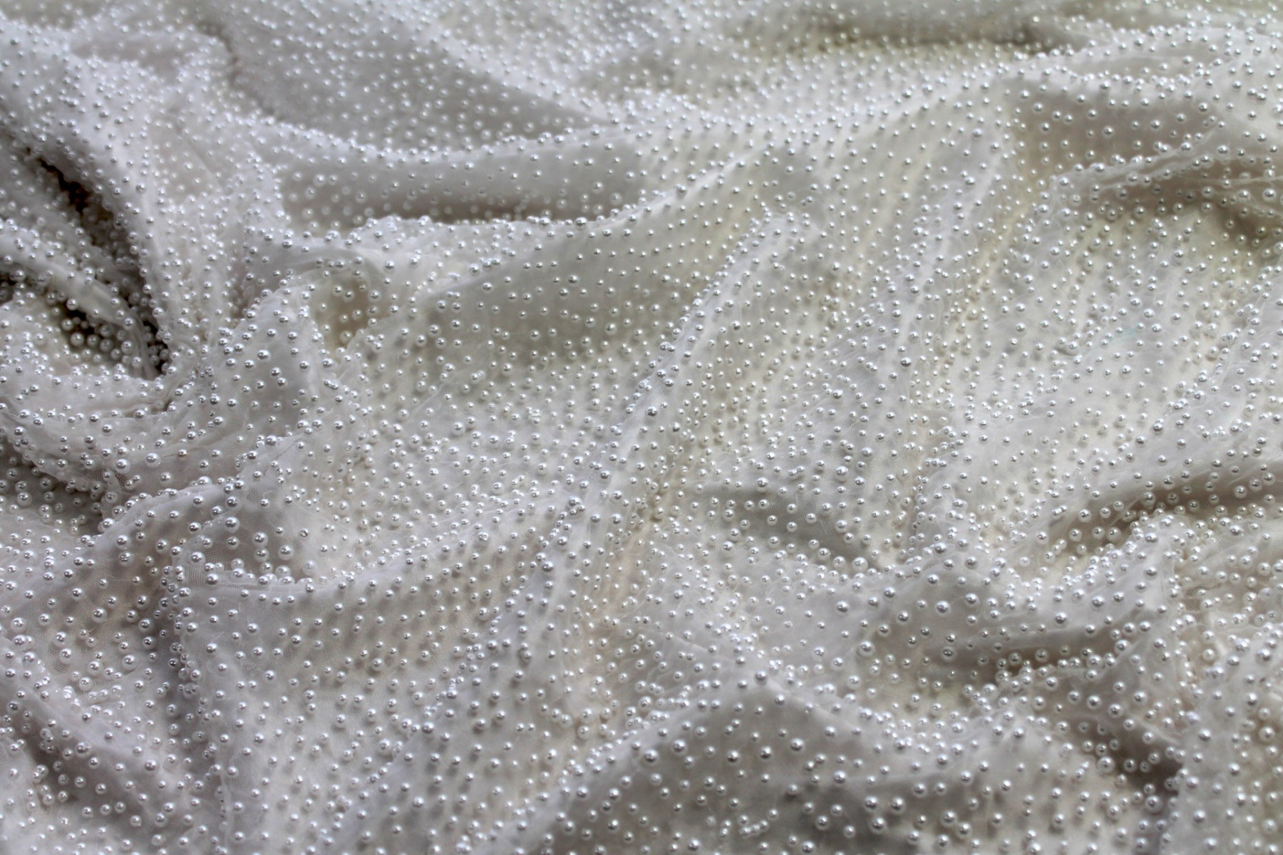 Ivory Pearls on Ivory Nylon Tulle fabric, image 4 of 7