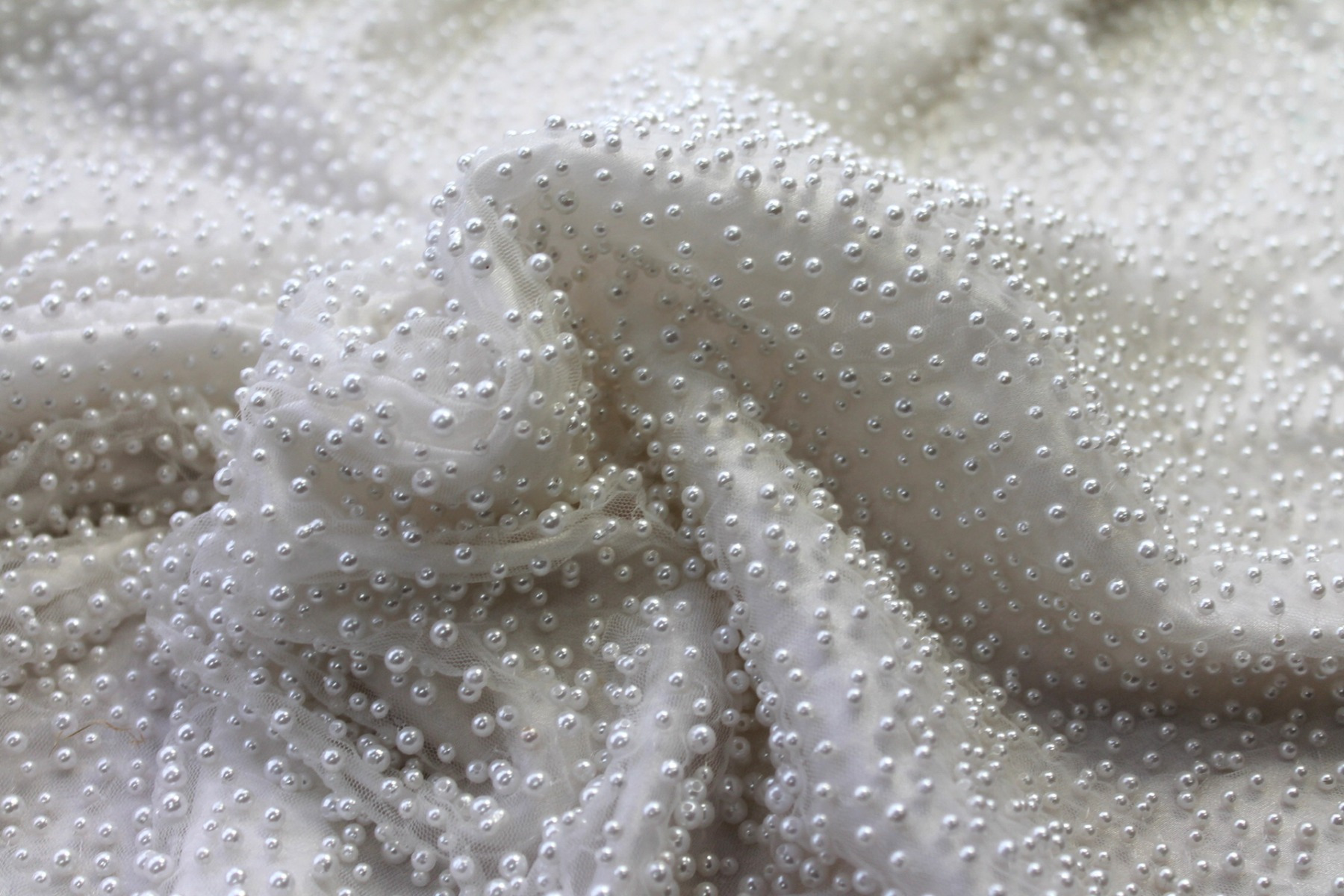 Ivory Pearls on Ivory Nylon Tulle fabric, image 5 of 7