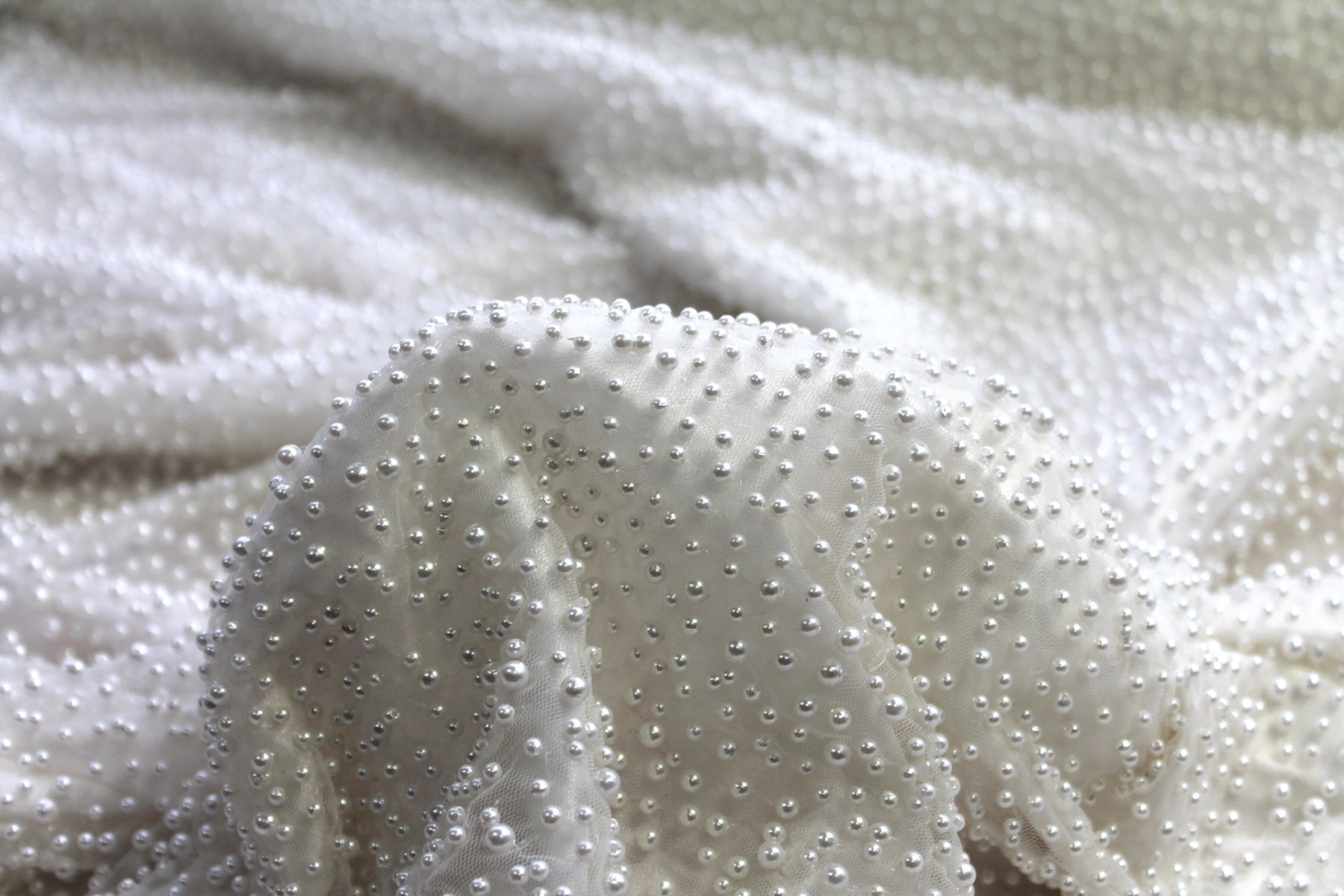 Ivory Pearls on Ivory Nylon Tulle fabric, image 6 of 7