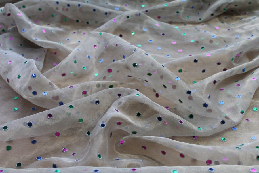 Silk Metal Organza - Silver with Multi Coloured Mirrors fabric, image 2 of 7