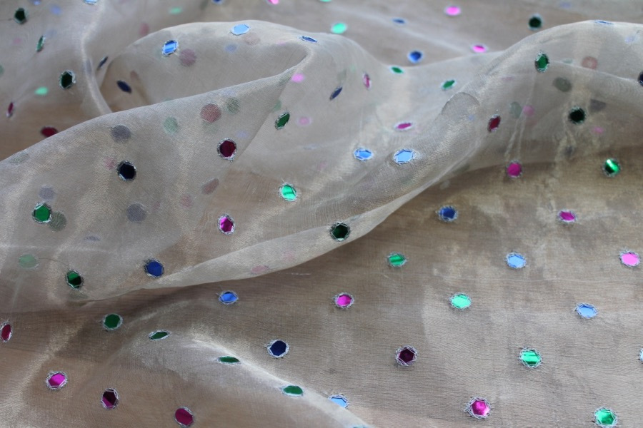 Silk Metal Organza - Silver with Multi Coloured Mirrors fabric, image 3 of 7