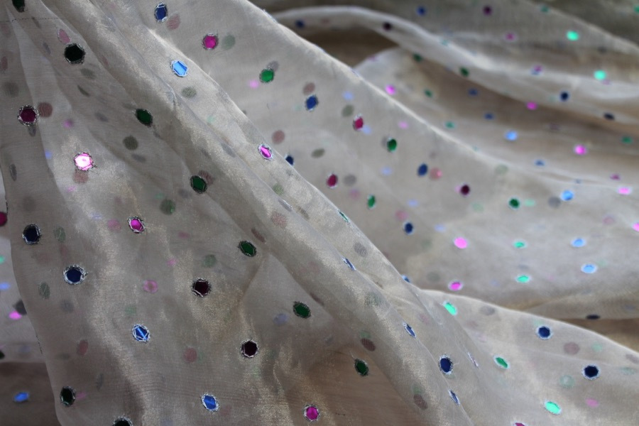 Silk Metal Organza - Silver with Multi Coloured Mirrors fabric, image 4 of 7
