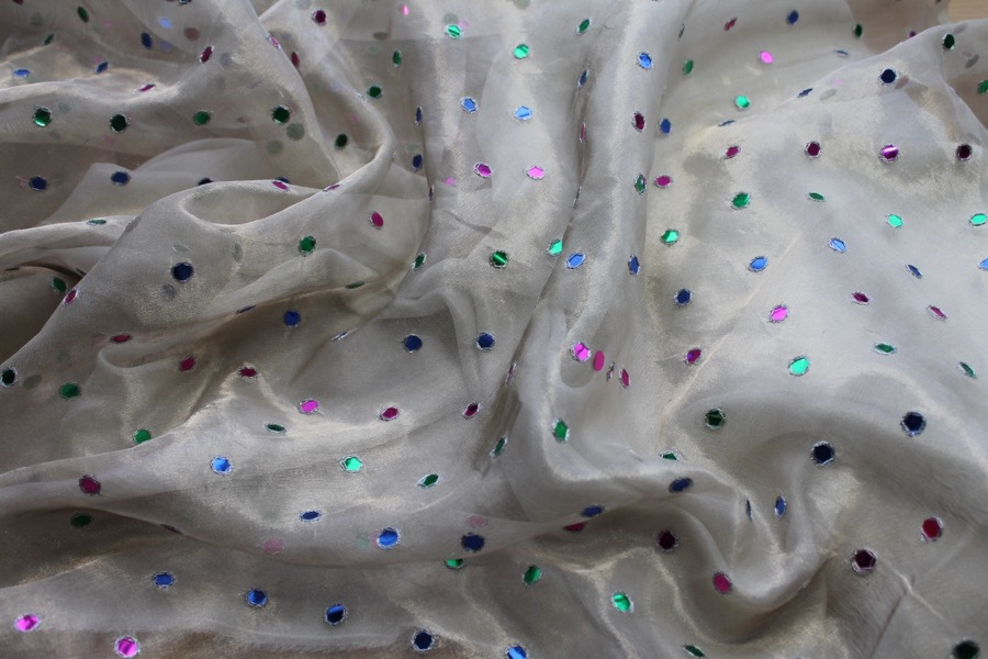 Silk Metal Organza - Silver with Multi Coloured Mirrors fabric, image 7 of 7