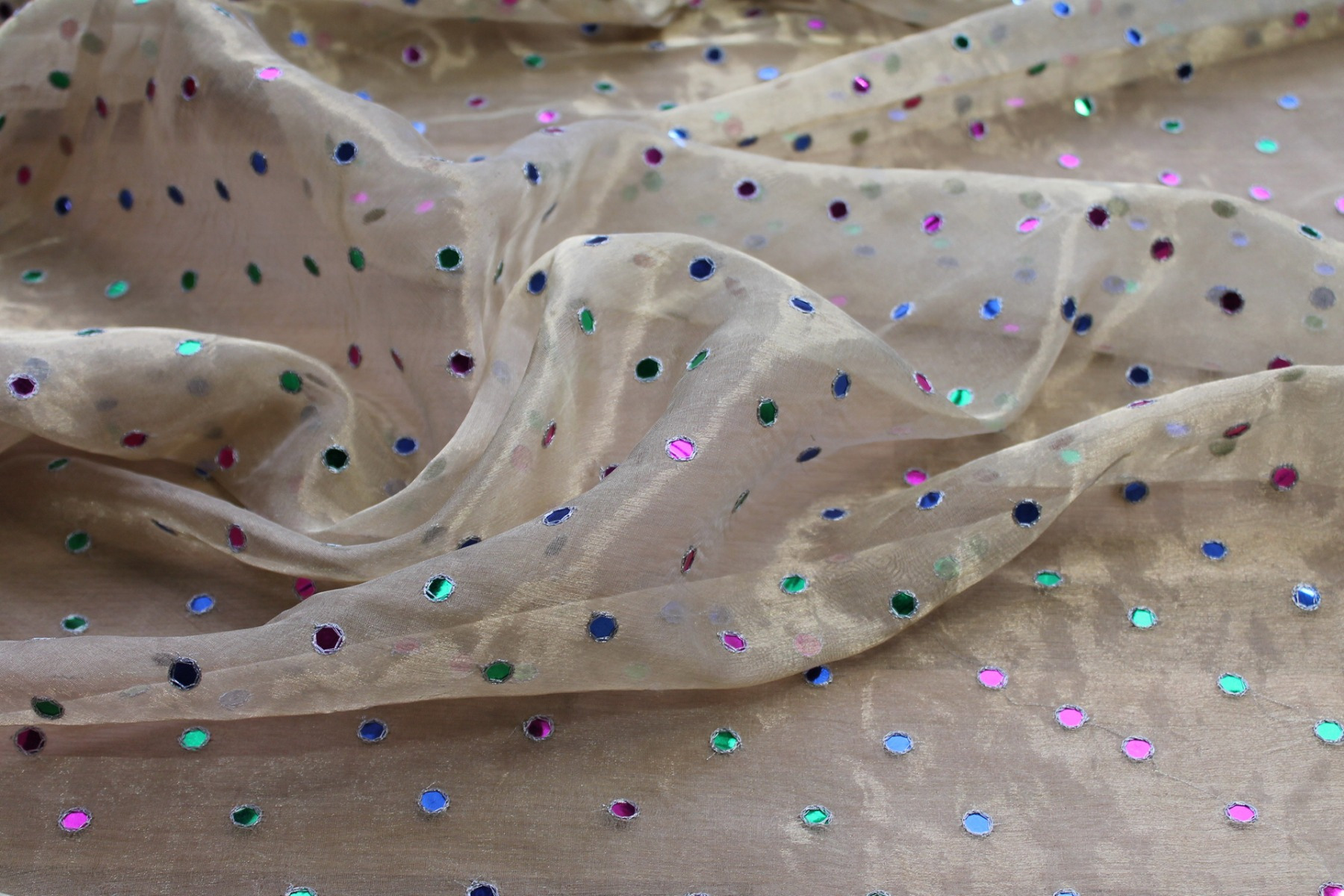Silk Metal Organza - Gold with Multi Coloured Mirrors fabric, image 2 of 7