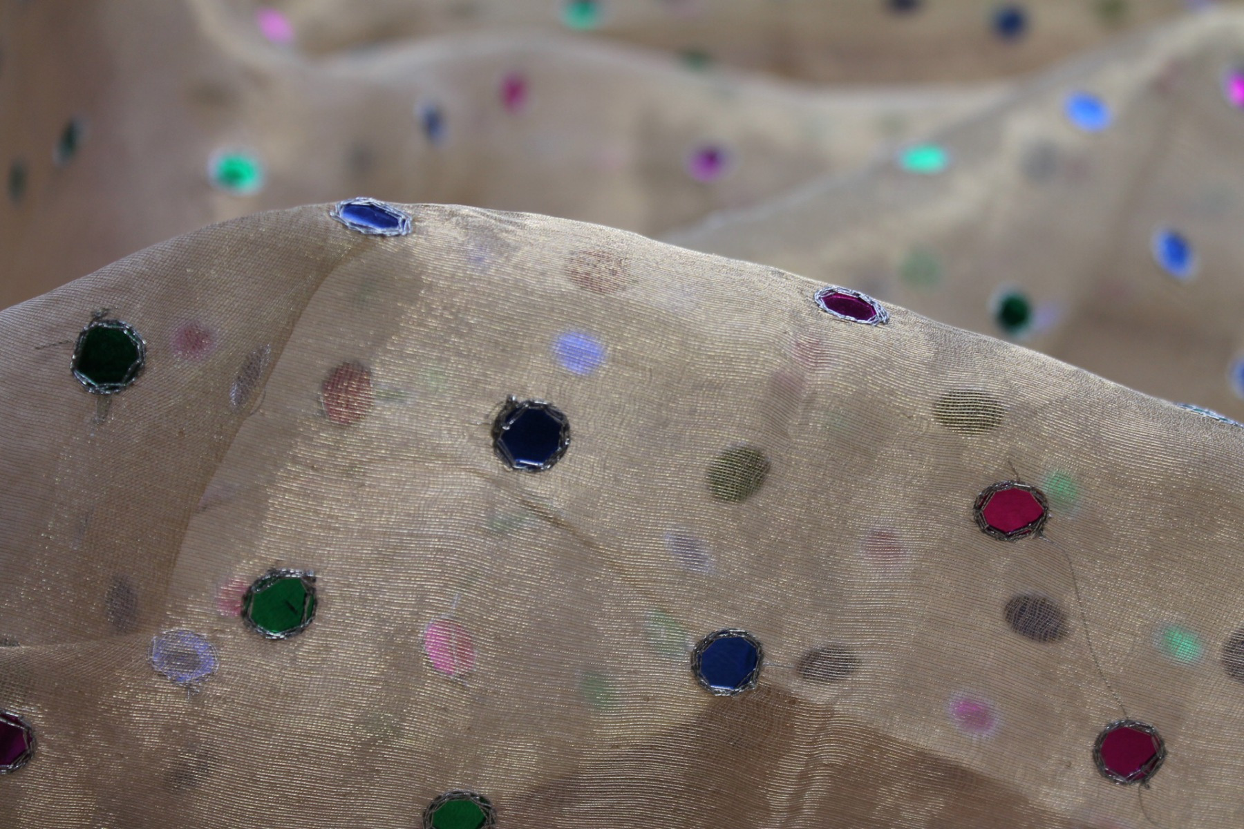 Silk Metal Organza - Gold with Multi Coloured Mirrors fabric, image 3 of 7