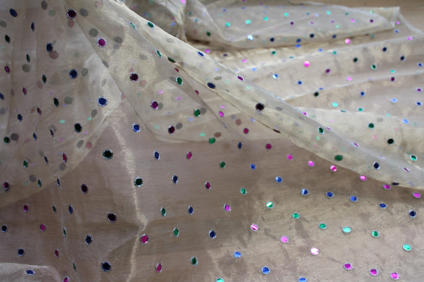 Silk Metal Organza - Gold with Multi Coloured Mirrors fabric, image 4 of 7