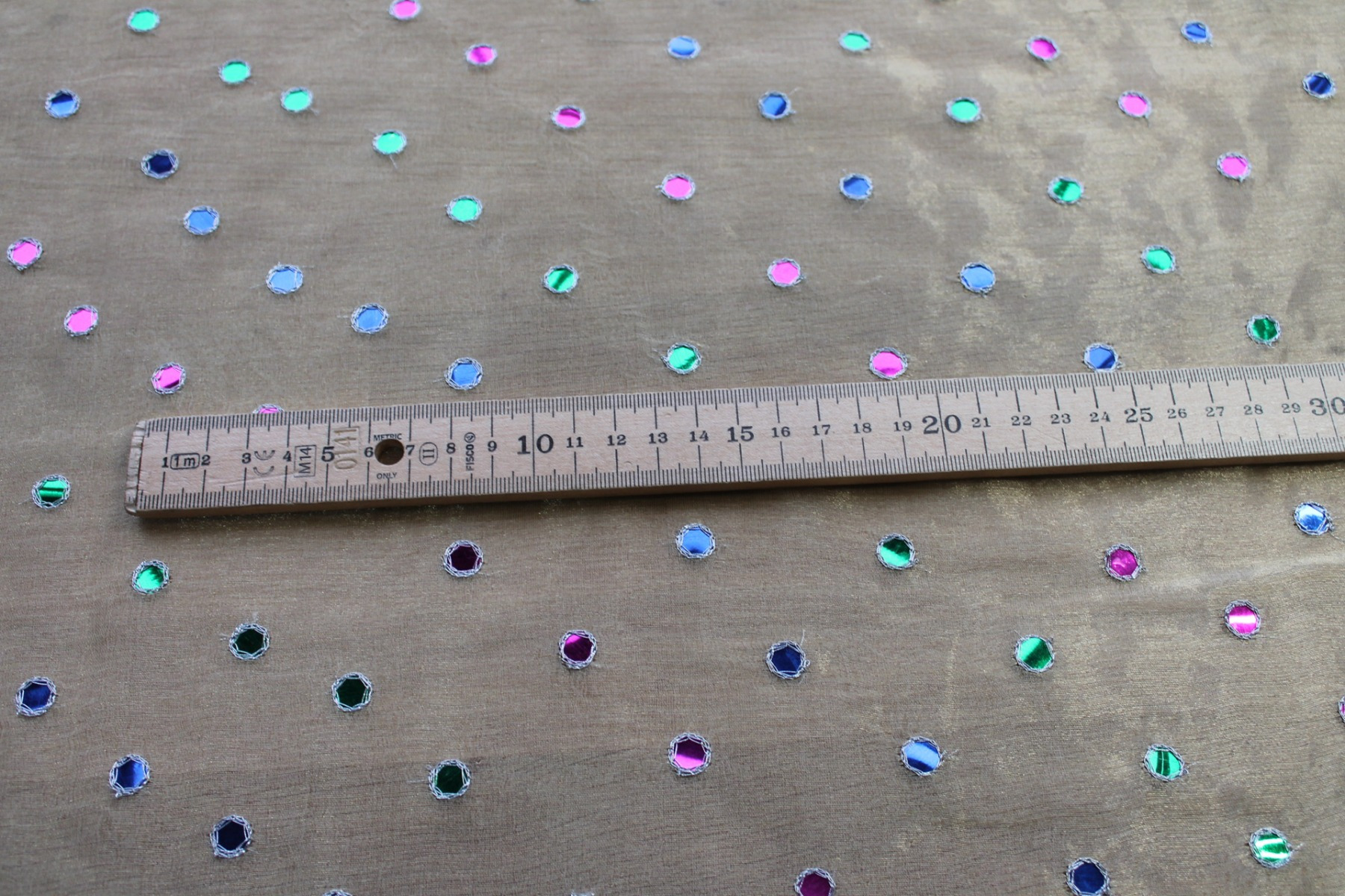 Silk Metal Organza - Gold with Multi Coloured Mirrors fabric, image 6 of 7