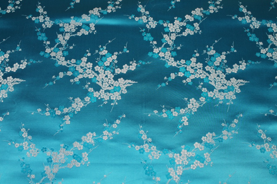 Chinese Brocade - Turquoise and White Cherry Blossom fabric, image 2 of 6