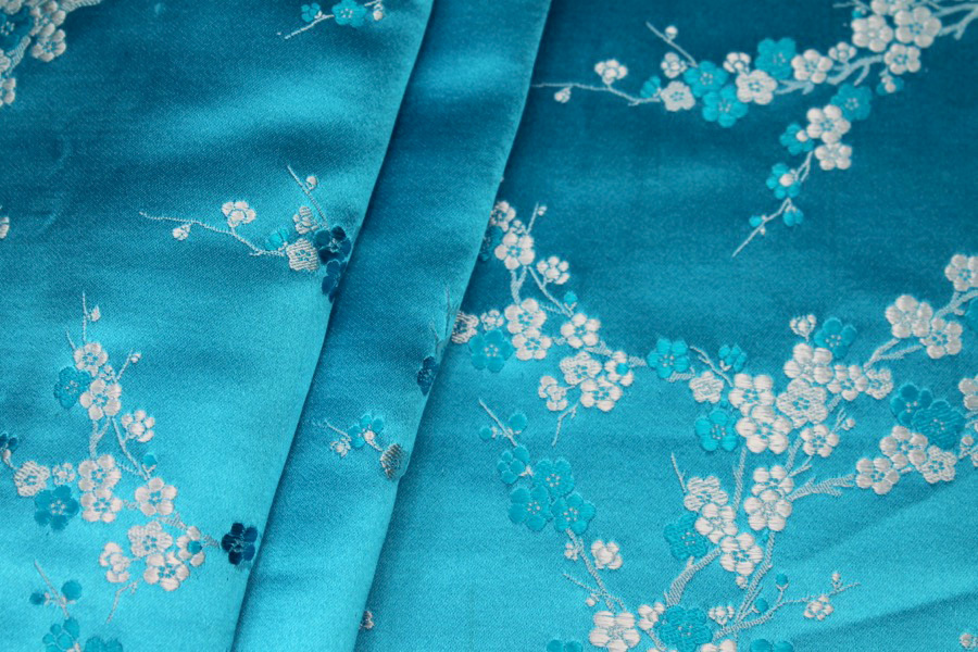 Chinese Brocade - Turquoise and White Cherry Blossom fabric, image 3 of 6